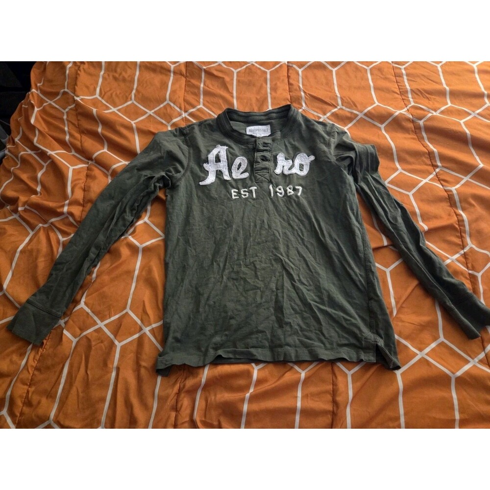 Vintage Y2K 2000s Aéropostale Green Henley Long Sleeve Men's T-Shirt L